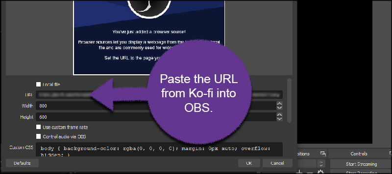 Paste URL from Ko-fi to OBS