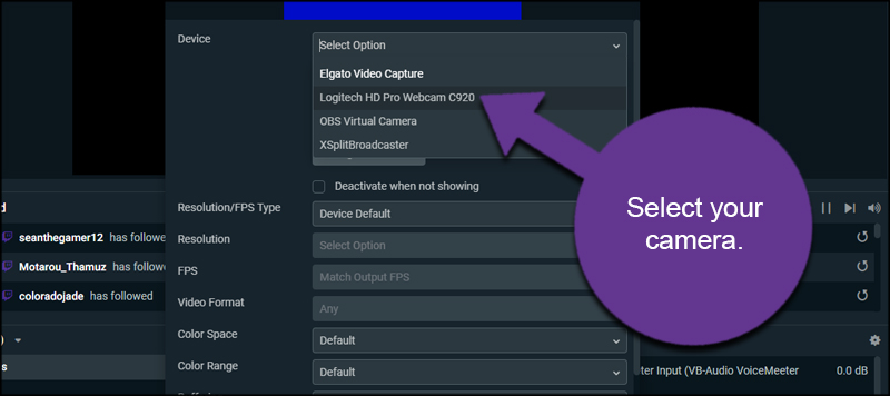 Select Camera for Streamlabs OBS